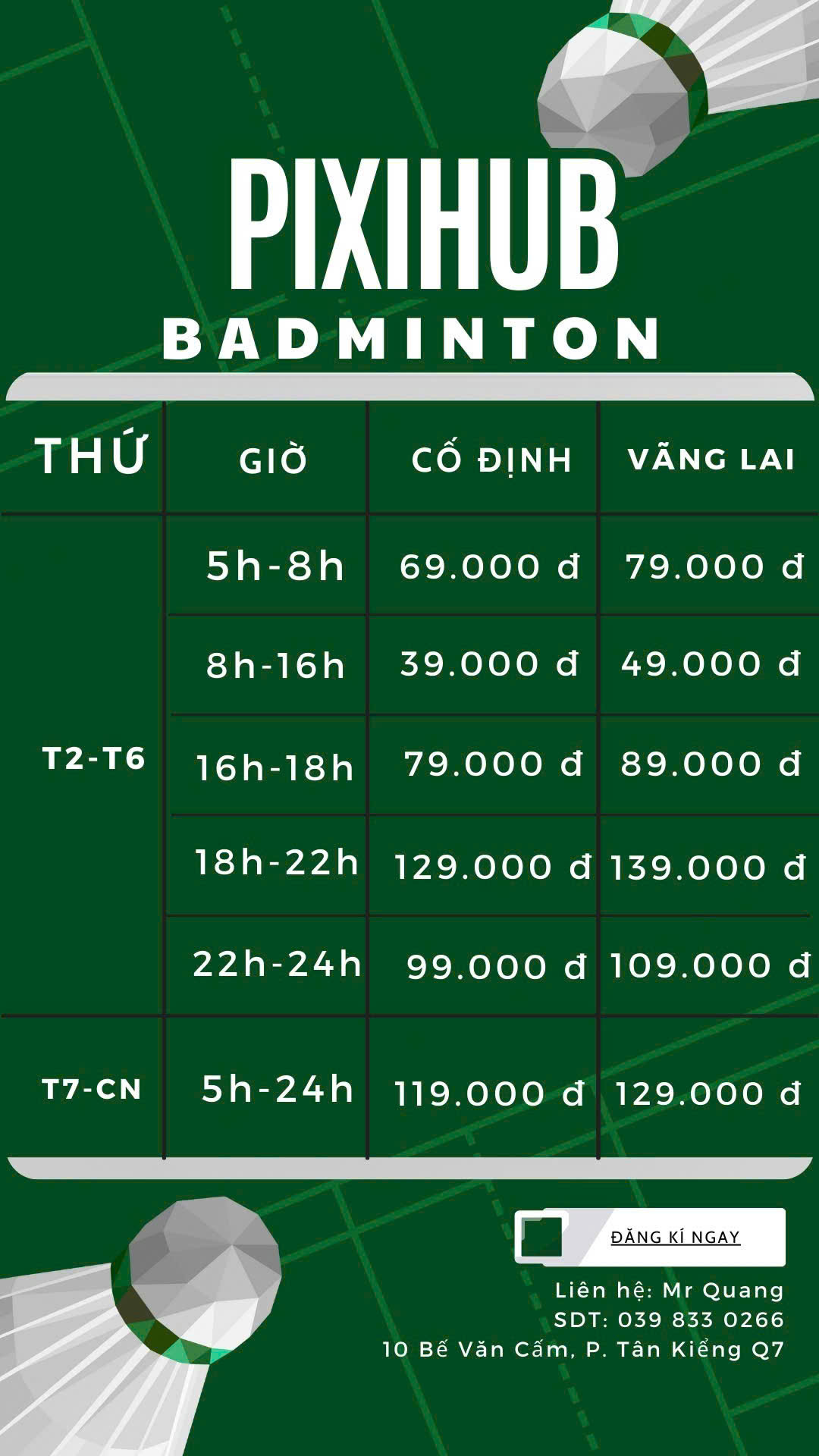 Bảng giá sân